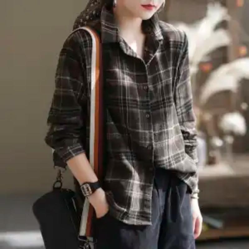 Women's New Spring and Autumn Large Size Versatile Cotton Plaid Long-sleeved Shirt