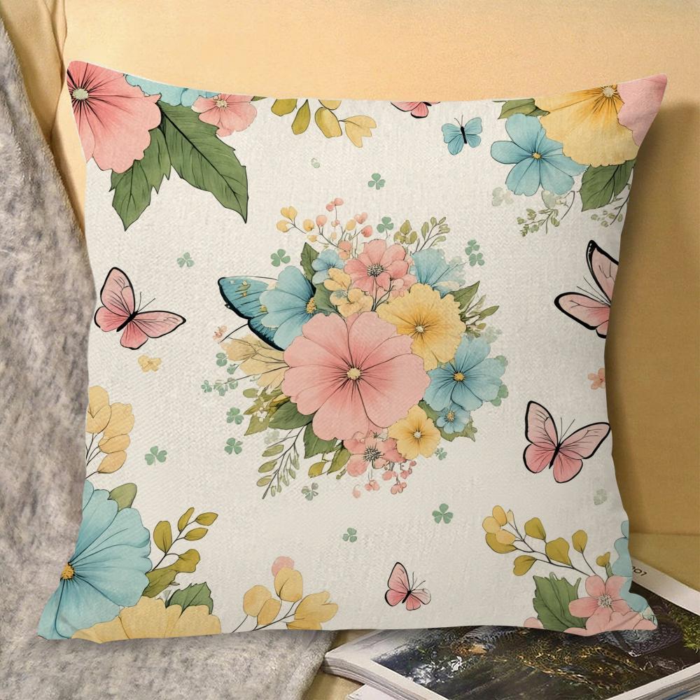 Spring Floral Cushion Cover Natural Linen Organic Fabric Double-Sided Printing Sofa Home Decor Gift Pillow Cover