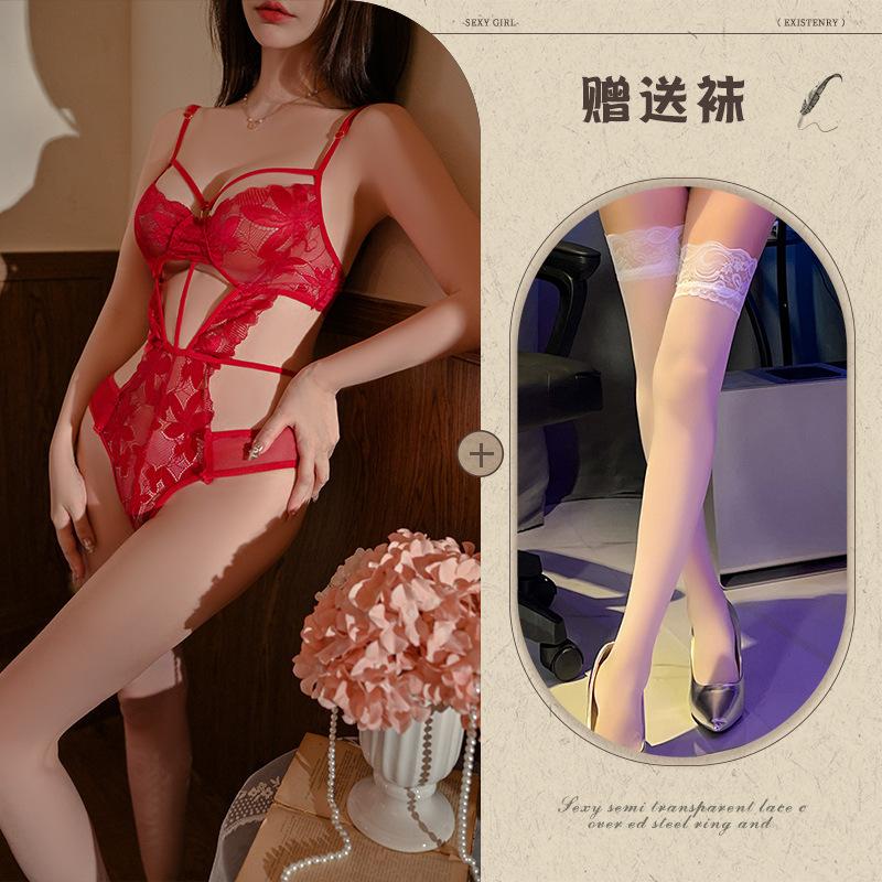 Hollow and Thin Sexy Underwear Sexy Onesie Temptation Strap Perspective Lace Free Purple