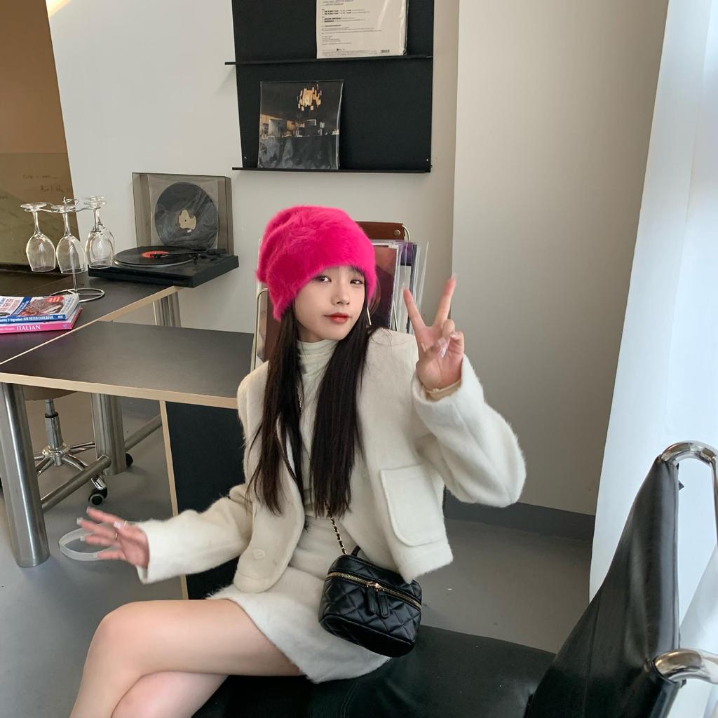 Modische Kaninchenfellmütze für Damen, weich, warm, flauschig, Angola-Wintermütze