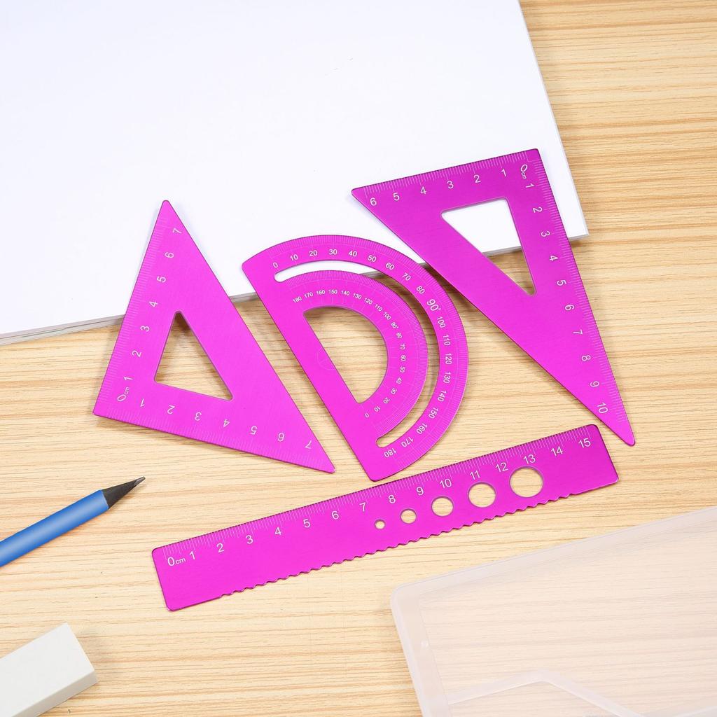 4Pcs/Set Aluminium Ruler Set Metal Geometry Maths Drawing Compass Stationery Rulers Mathematical for School