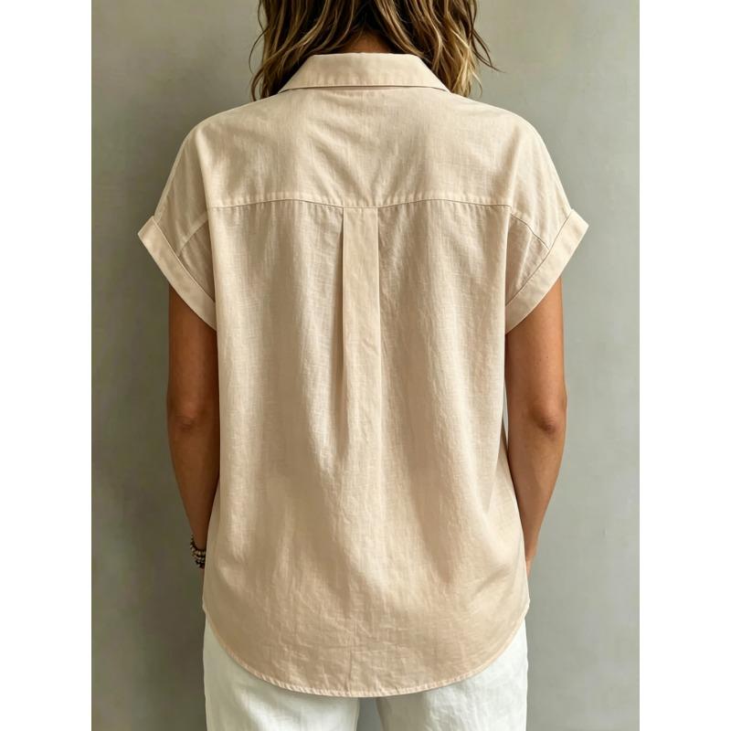 V Neck Loose Solid Button Pleated Short Sleeve Women Casual Blouse