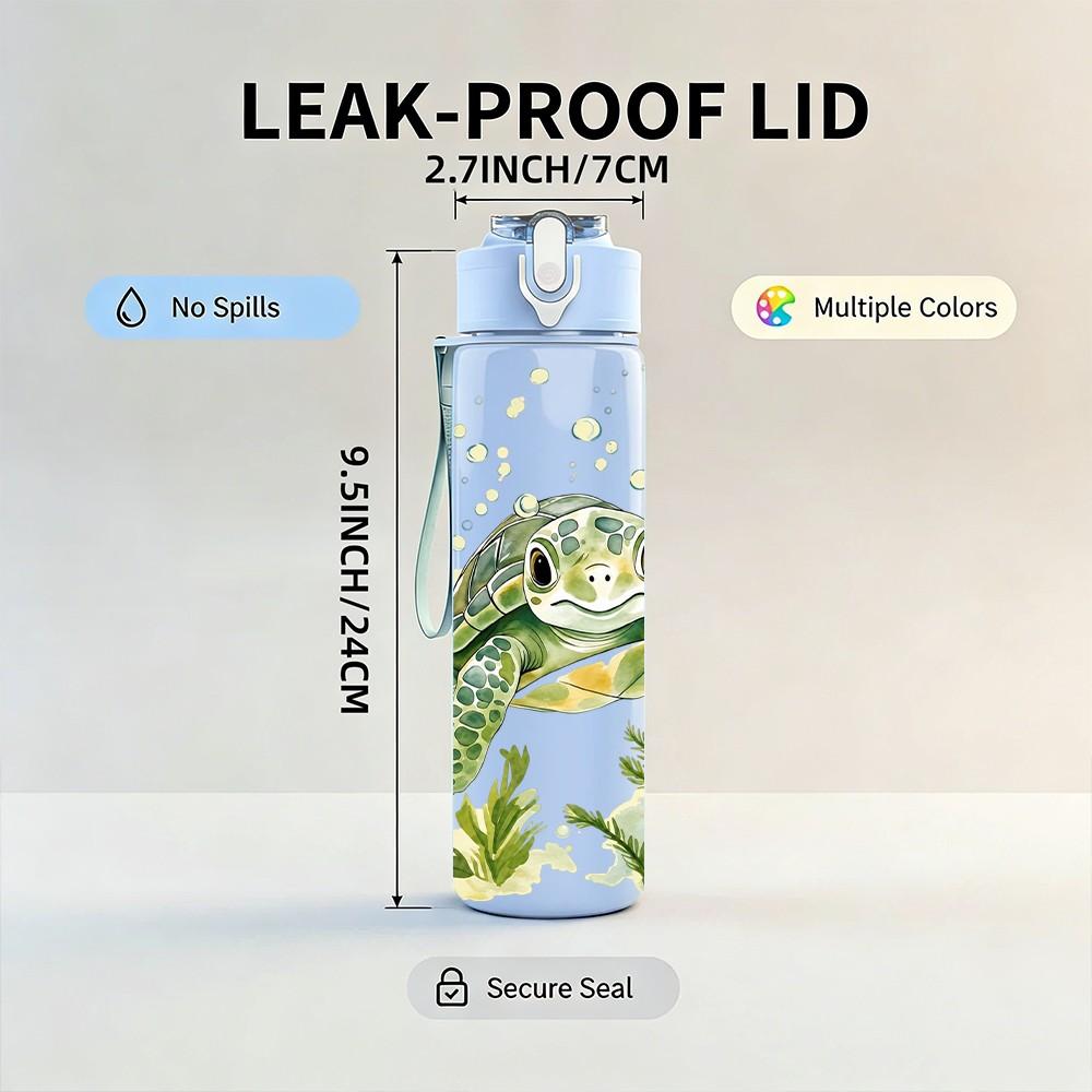 1PC Sea Turtle Underwater Animal Pattern 750ml Color Plastic Sports Water Bottle Leakproof Flip Straw Lid Suitable for Sports Office Home Use