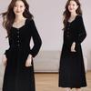 French Elegance Hepburn-Style Velvet Dress 2025: Autumn/Winter Waist-Cinching Slim Fit