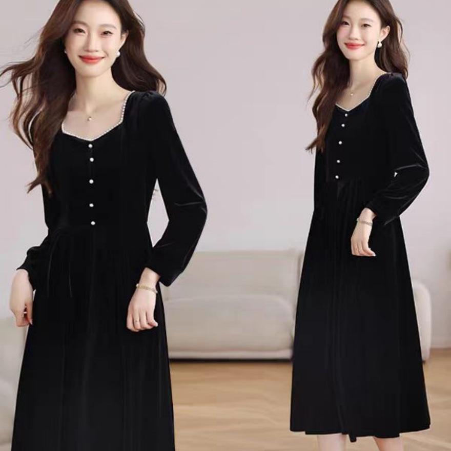 French Elegance Hepburn-Style Velvet Dress 2025: Autumn/Winter Waist-Cinching Slim Fit XXL чёрный