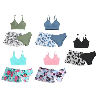 Dívčí plavky 3dílné plavky na bikiny s vycpávkou a sukní s květinovým potiskem Tankini plavky na pláž Surf