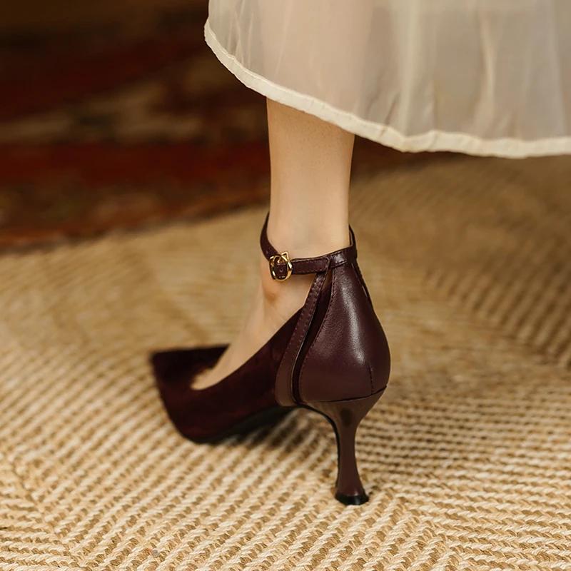 Fashion 2025 Spring Sheep Suede Women Shoes High Heel Shallow Pumps Pointed Toe Shoes Woman Buckle Heels for Women Zapatos Para Mujer