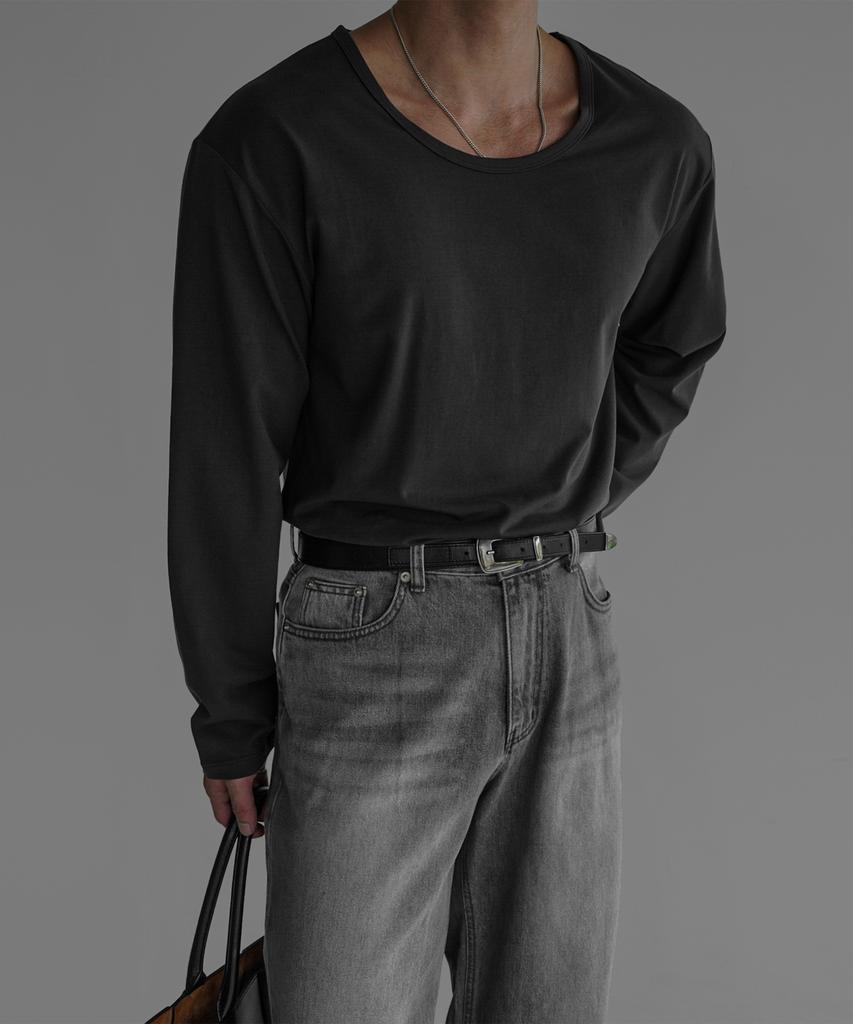 Baulopeulodeogteu Cotton U-Neck Long Sleeve T-Shirt [Charcoal]