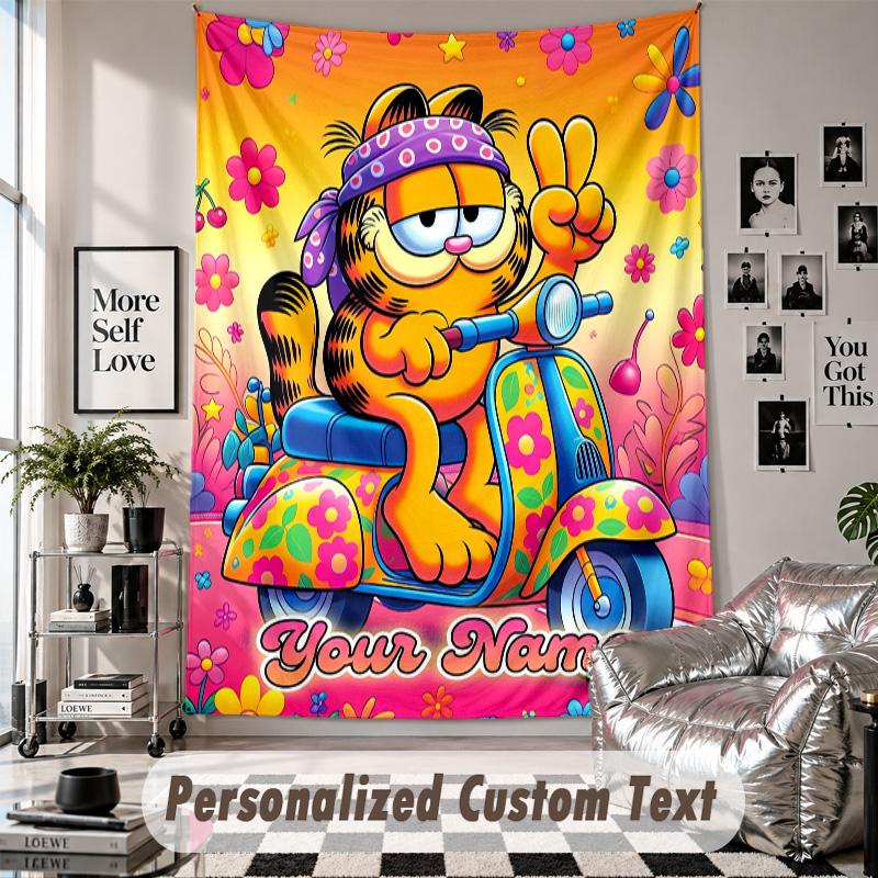 Wall Hanging Tapestry With Custom Name & Text, Garfield Decorative Tapestry For Bedroom