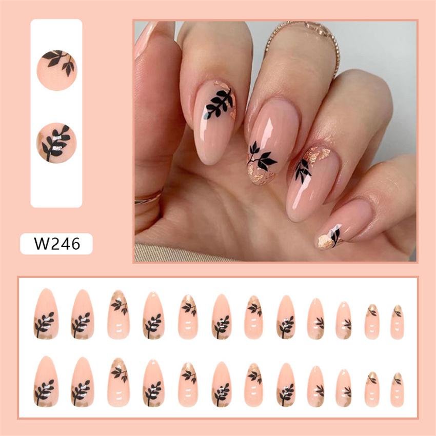 24Pcs Purple Floral Almond Ballerina Press On Nails Medium Detachable False Nail Tips With Fresh Flower Design For Manicure