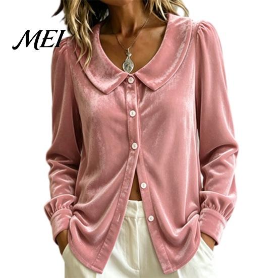 Autumn Shirt Fall Winter Women Velvet Shirt, Regular Fit Button Down Long Sleeve Office Work Top Top, Soft Solid Color Lapel Collar Blouse for
