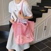 Women'S Large Capacity Beach Tote Bag Durable Polyester Woven Shoulder Bag Open Top For Travel Shopping Foldable Mesh Handbag