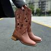 Brown Retro Western Cowboy Boots Women's New Hollow Mid Boots Embroidered Knight Boots Thick Heel Martin Boots