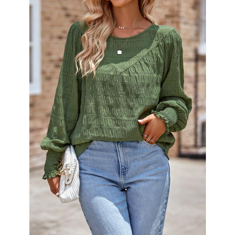 

Весенне-осенняя женская блузка, модный повседневный однотонный топ с круглым вырезом и длинными рукавами в стиле пэчворк S армия зеленый