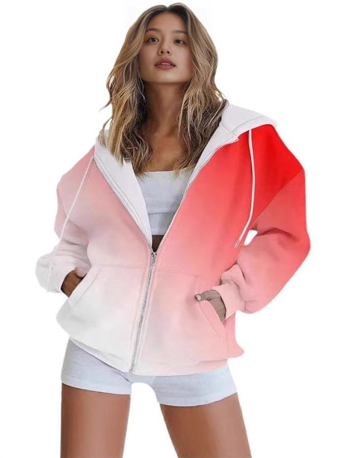 Gradient 3D Print Casual Long Sleeve Zip-Up Hoodie for Women
