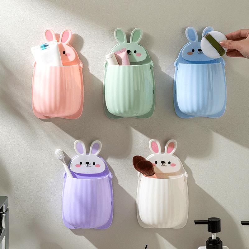 1pc Cute Rabbit Storage Rack, Makeup Brush Storage Box, Bathroom Wall Mounted Toothbrush Holder, Bathroom Accessories