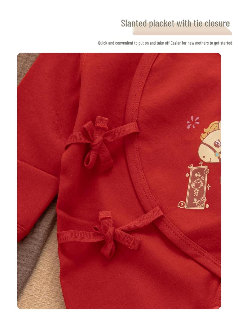 Baby Pferd Sternzeichen Langarm Body - Chinesischer Neujahrsstil, Reine Baumwolle, Knochenloses Design