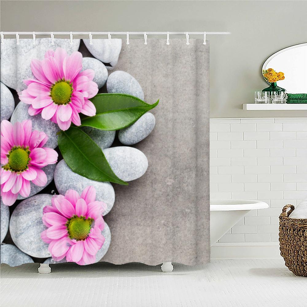 Beautiful Colorful Flower Printed Shower Curtains Frabic Zen Stone Floral Waterproof Polyester Bath Curtain With Hooks 180X180cm