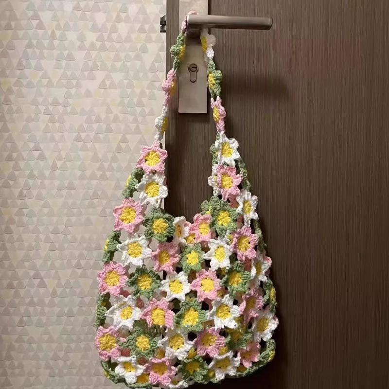 Handmade Crochet Floral Print Shoulder Bag - Summer Gift for Her