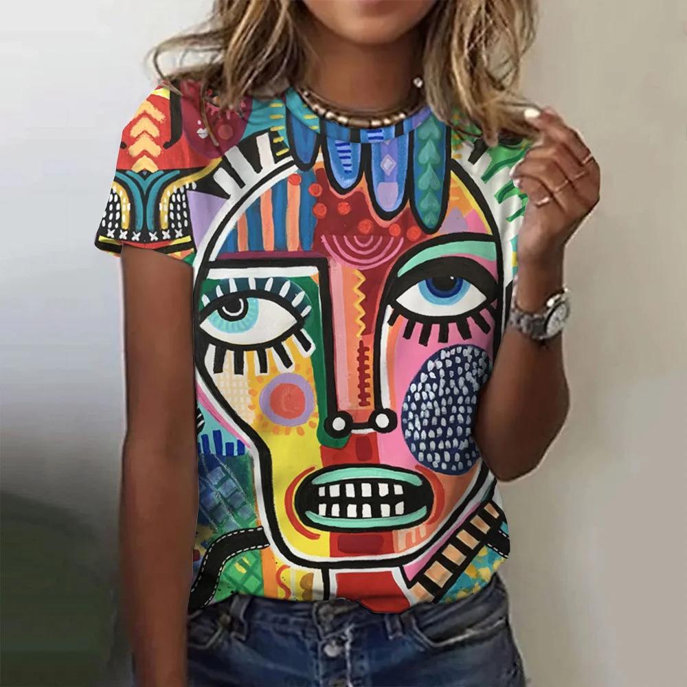 Stampa a quadri moda donna girocollo maniche corte, T-shirt casual quotidiana ampia abbigliamento