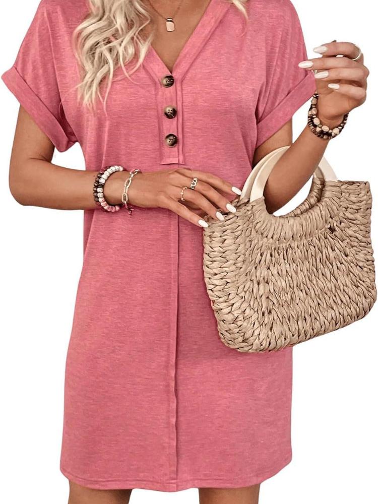 

Летнее женское модное универсальное платье с V-образным вырезом, рукавами с подворотами и однотонной расцветкой XL розовый