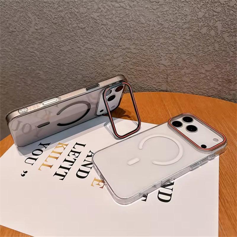Camera Stand Bracket Magnetic Transparent Case for iPhone 17 Air 16 15 14 Pro Max Wireless Charging for Magsafe Acrylic Cover