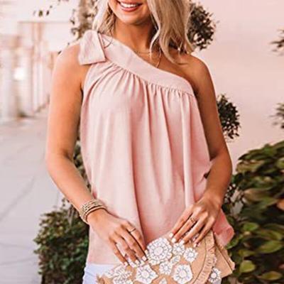 Bow Bandage Off Shoulder Woman Shirt Summer Sexy Sleeveless Casual Loose Blouses Women Asymmetric Tops Fashion Shirts 25040