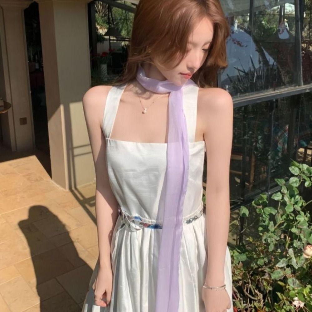 Adjustable Long Silk Scarf Thin Ribbon Neckerchief French Chiffon Silk Scarf  Dress Decoration