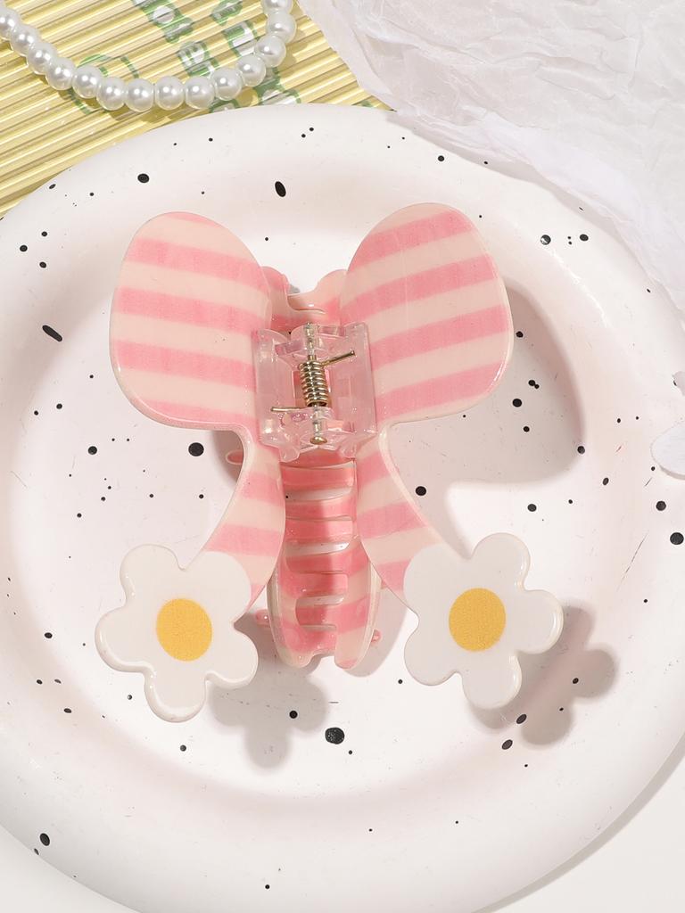 Spring Sweet Pink Spot Flower Bowknot Hair Claw Clip For Women,Butterfly Hairpin Ponytail Stripe Bow Hair Accessories Headwear