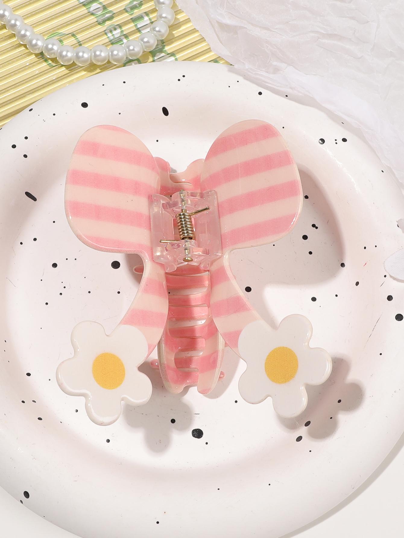 

Spring Sweet Pink Spot Flower Bowknot Hair Claw Clip For Women,Butterfly Hairpin Ponytail Stripe Bow Hair Accessories Headwear