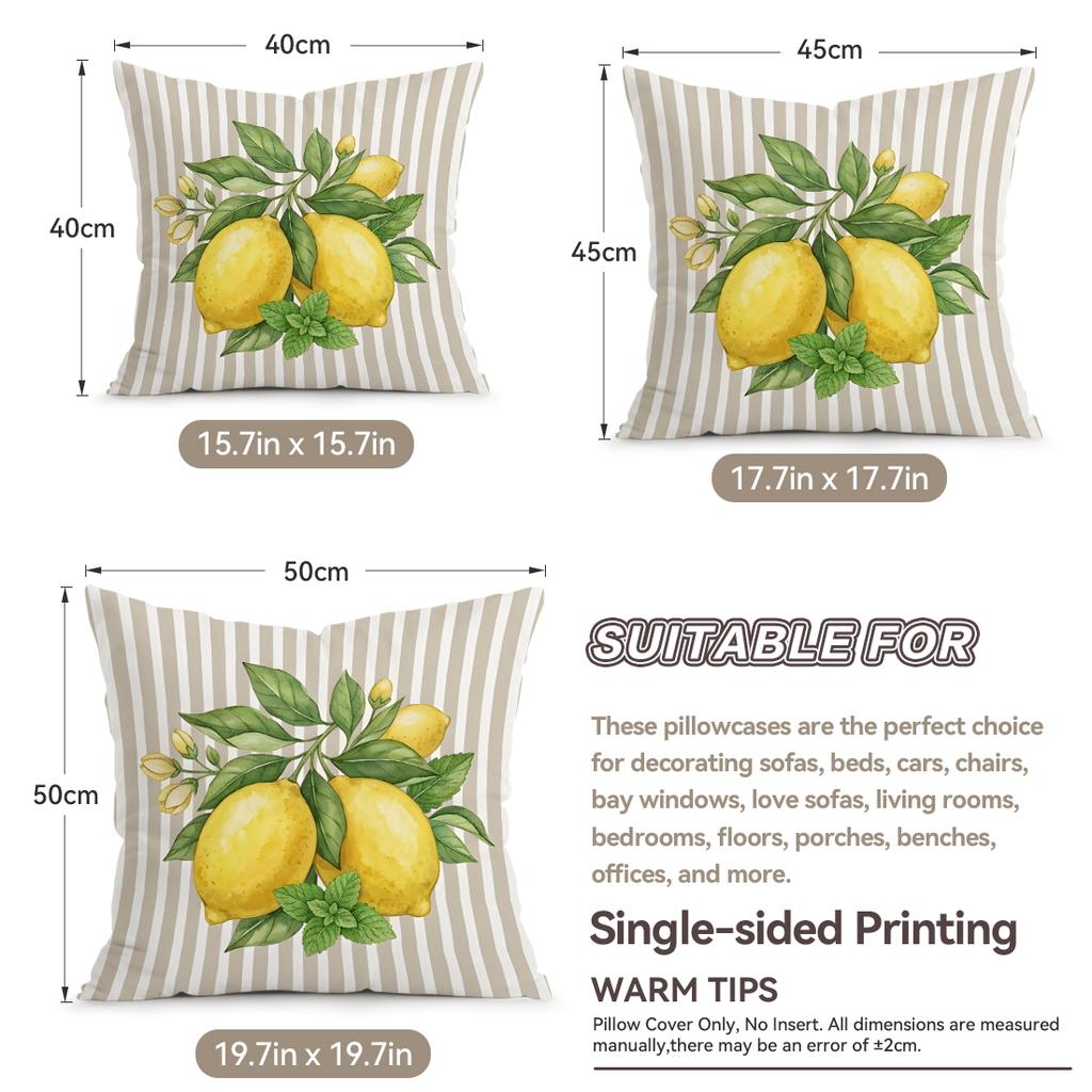 4 Pcs Fresh Striped Lemon Theme Single-Sided Printed Pillowcase Cushion Cover,Suitable For Living Room,Bedroom,Car Decoration