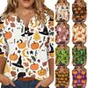 Women's Halloween Print V Neck Button Detail Three Quarter Sleeve Casual T Shirt Top Lightweight Comfortable Fit