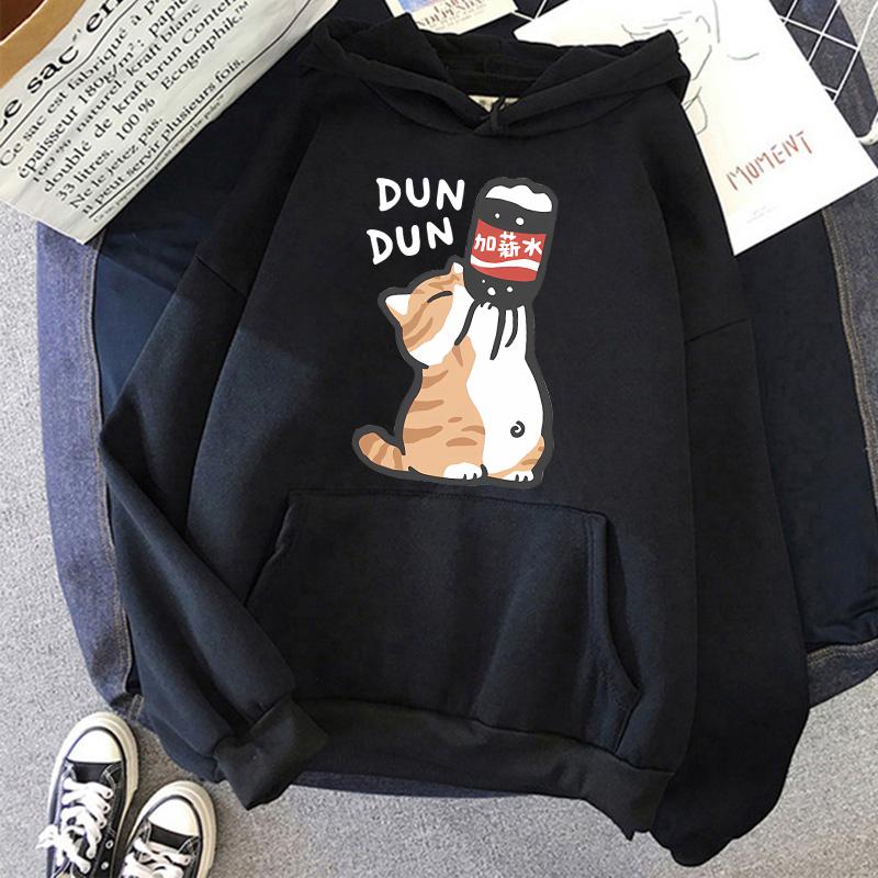 Cat Drinking Beverages Print Sweatshirts Clothes Women Casual Kangaroo Pocket Hoodies Unisex Fashion Funny Hooded Pullovers