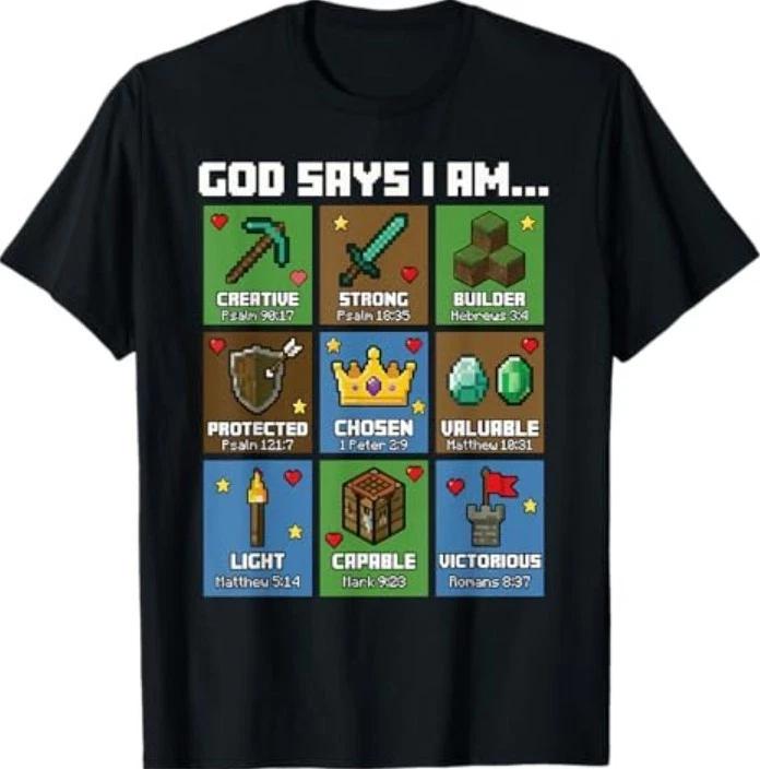 

God Says I Am Bible Verses Pixel Art Christian Gamer Boys T-Shirt 2XL