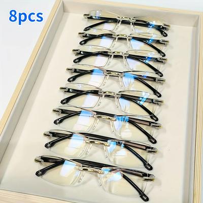 8pcs Ultra-Light Rimless Reading Glasses for Men & Women - Anti-Blue Light, Fashionable Rectangle Design
