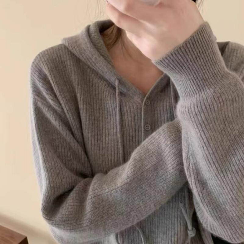 Moda Cinza Casual Com Capuz Pulôver Suéter Feminino Outono Inverno Manga Longa Casacos Suéteres de Malha Feminino Vintage Solto Macio Malhas Femininas 25278