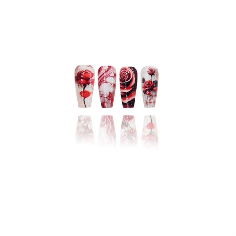 24 Pcs Flowers Press On Nail Medium Ballerinas Stick On Nail Glossy Artificial Nail Valentines Day False Nail