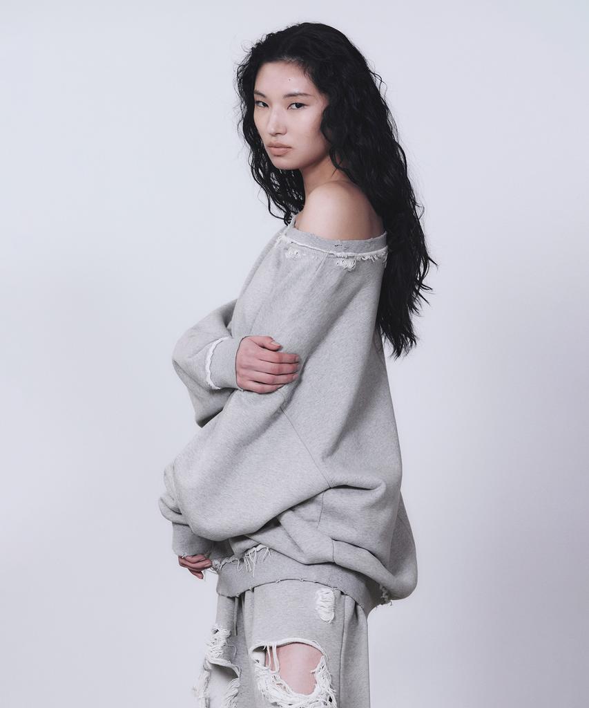Teulimingbeodeu Scratch Damage Boat Neck Sweat Shirt [ Melange Gray ]