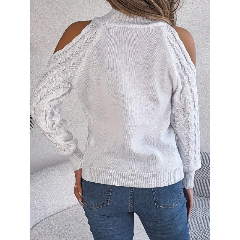 Women's Off-Shoulder High Neck Cable- Sweater - Soft Stretchy Long Sleeve Pullover, Solid Color Casual Chic Fall Winter Top, Highneck Pullover