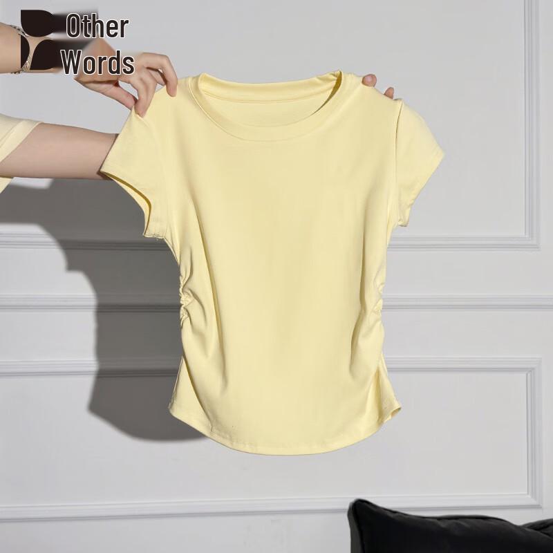 Women s Round Neck Pleated Slim Fit Short Sleeve T-shirt M