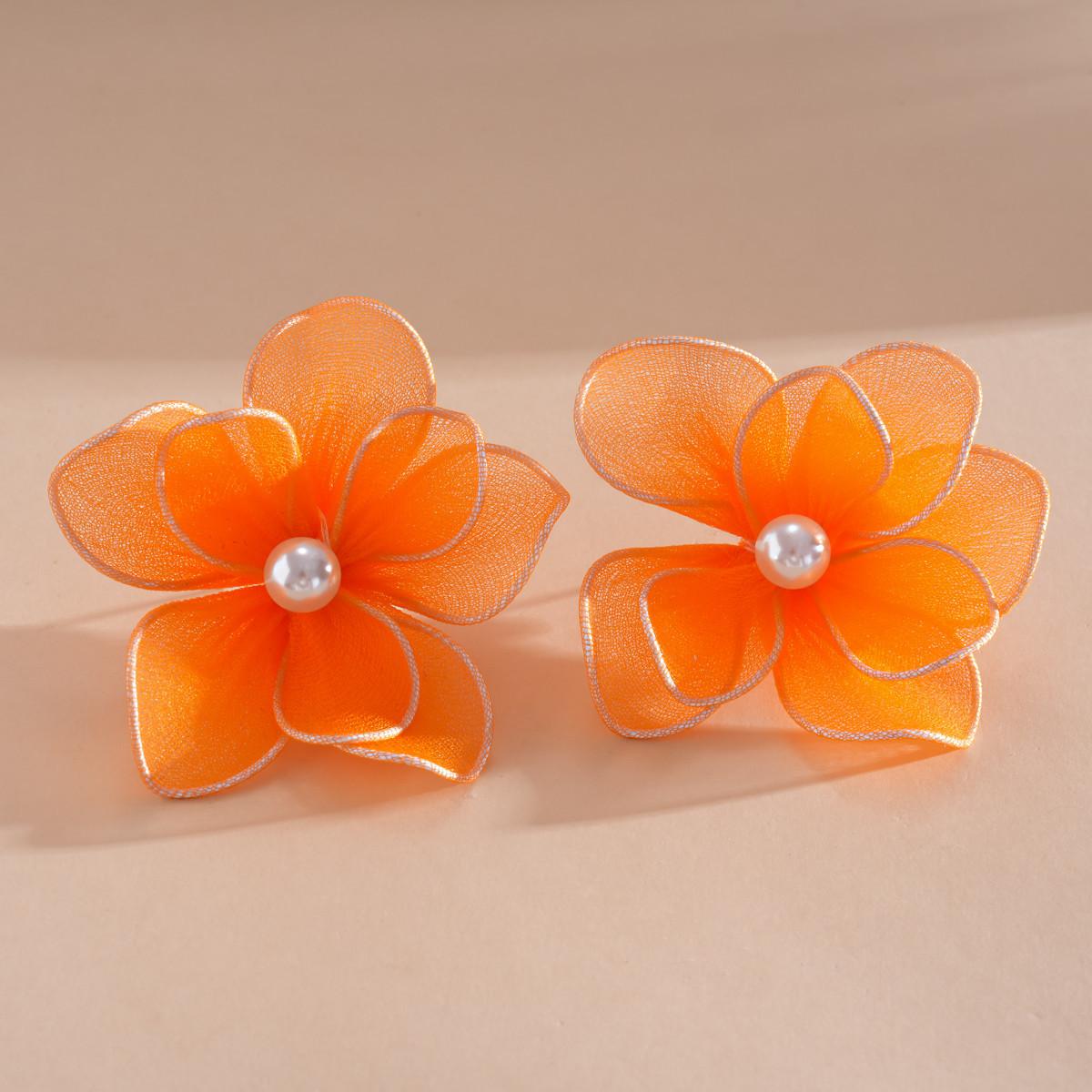 

DIGADAGU Mesh Imitation Pearl Flower Stud Earrings New Elegant Exaggerated Earrings Women Daily Zircon Accessories помаранчевий