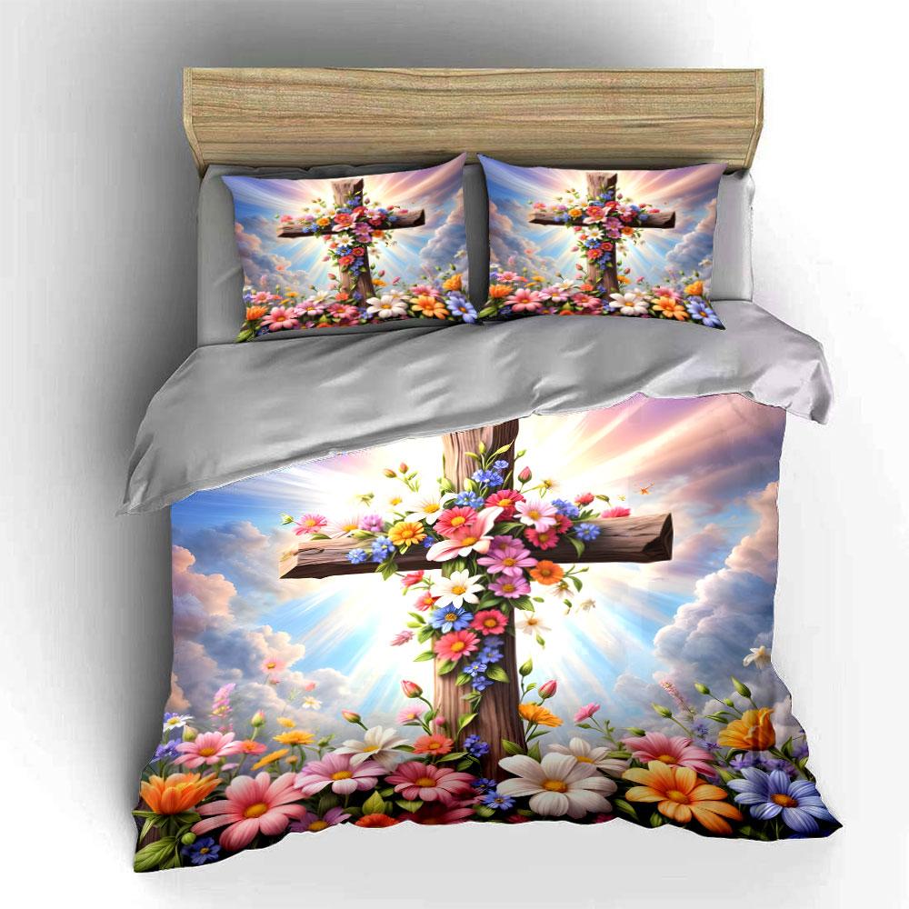 "Floral Cross Spiritual Decoration Set" Exquisite three-piece bedding set gift for kids and adults