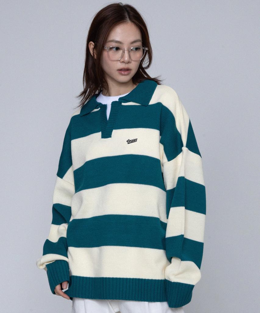 GRAVER [Unisex] Baseball Logo Embroidered Striped Collar Knit_Green