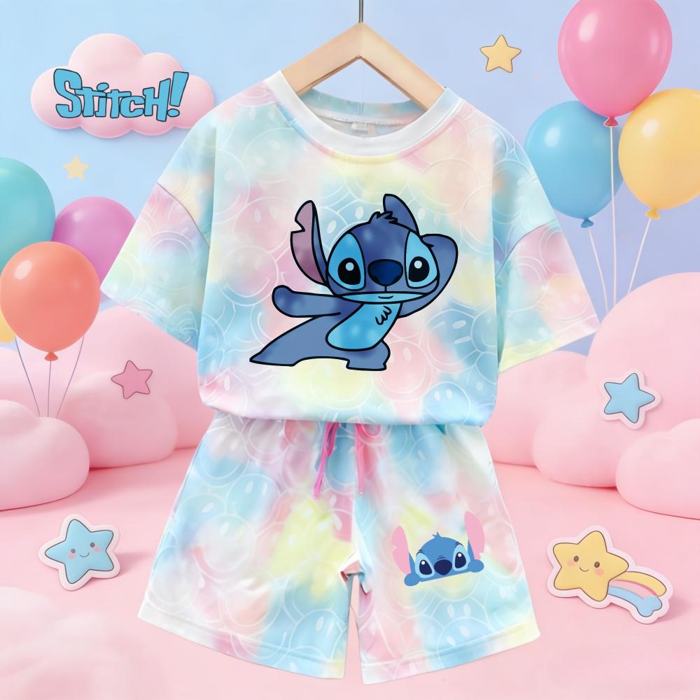 Cute Stitch Print Tie-dye Smile Tees Girl Summer pajamas Kawaii Smile Face Short Sleeve Outfits Short Sleeve T-Shirt and Shorts