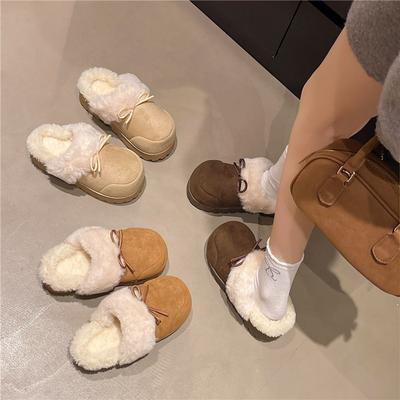 Retro Heightening Shoes Women's Autumn and Winter Outer Wear 2025 New Velvet Warm Bow Bag Head Half Drag Wool Cotton Slippers