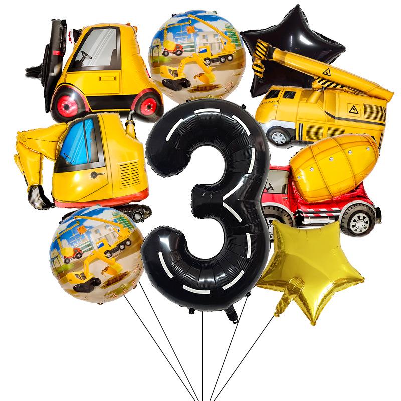 40" Black Number Construction Vehicle Theme Aluminum Foil Balloon Set for Birthday Party Decorations