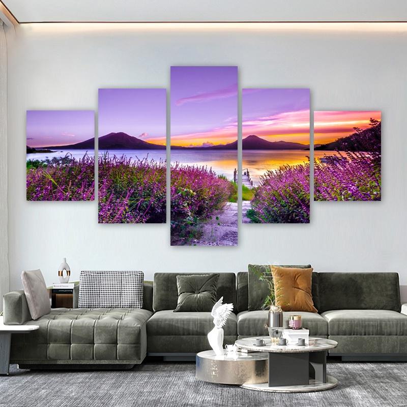 5 Panels Nature Landscape Posters Canvas Painting Mountain Pictures Flowers Wall Art For Living Room Modern Home Decor No Frame