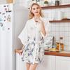 Women Robe Kimono Bathrobe Navy Blue Print Nightgown Sleepwear Silky Soft Satin Nightwear Sexy Short Nightdress Casual Homewear