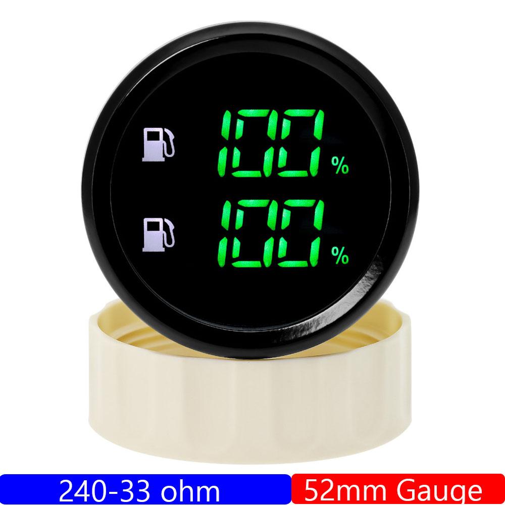 Green LED Digital 2 IN 1 Dual 52mm Fuel Level Gauge with Flashing Alarm 240-33 ohm Dual Oil Tank Level Meter for Car Boat