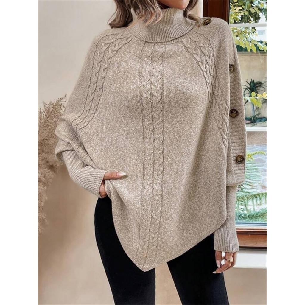 Women's Winter High Collar Asymmetric Hem Cape Sweater, Button Decoration Bat Sleeve Fried Dough Twists Weave Texture